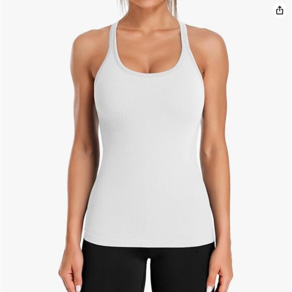Ribbed Workout Tank Tops for Women with Built in Bra White - Picture 1 of 7